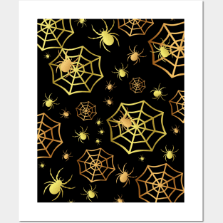 Happy Halloween Creepy  Spiders In Gold Posters and Art